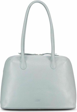 Bolso de mano de cuero gris claro con asas largas, bordes superiores redondeados, cierre de cremallera y logo sutil de la marca en el centro delantero.