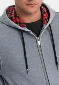 Felpa grigia con zip, foderata con un tessuto a quadri rosso e nero nel cappuccio. Presenta lacci neri e una texture liscia. La zip è metallizzata.