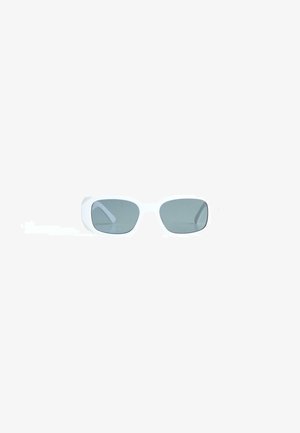 Sunglasses with a white plastic frame, rectangular lenses, and green tinted lenses. Smooth finish with no visible hardware or patterns.