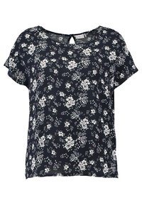 Blouse marine à fleurs avec manches courtes, ornée de fleurs blanches et violettes, col rond et détail dos en goutte d'eau. Tissu doux et léger.