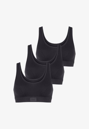 Conjunto de sujetador negro sin aros que cuenta con un diseño sin costuras, tela suave, tirantes anchos y una etiqueta con el logo en la banda. Contiene tres piezas.