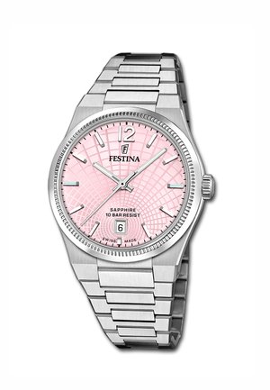 Orologio da polso Festina in acciaio inossidabile argento con quadrante rosa texturizzato, indici delle ore argentati, data alle 6 e tre lancette che segnano le 10:10:37.