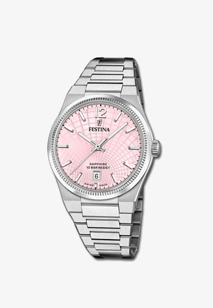 Montre Festina en acier inoxydable argenté avec cadran texturé rose, index argentés, affichage de la date à 6 heures, et trois aiguilles indiquant 10:10:37.