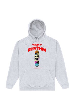 Light gray hoodie with red text "RIDE THE RHYTHM" above a colorful skateboard graphic featuring skulls and graffiti-style art.