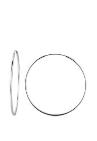 Pendientes de aro de metal plateado, que presentan una superficie lisa y brillante con una forma circular continua y un diseño delgado y ligero.