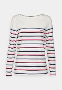 Langärmliges, Rundhals-Shirt in Creme mit horizontalen Streifen in Pink, Blau und Schwarz. Mit gesticktem Logo auf der Brust.