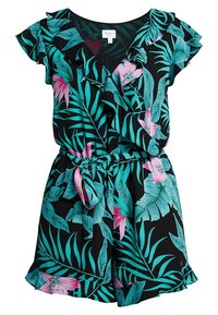 Zwarte bloemenromper met turquoise en roze tropische bladenpatroon, V-hals, rimpel mouwen, strakke taille en strikceintuurtje.