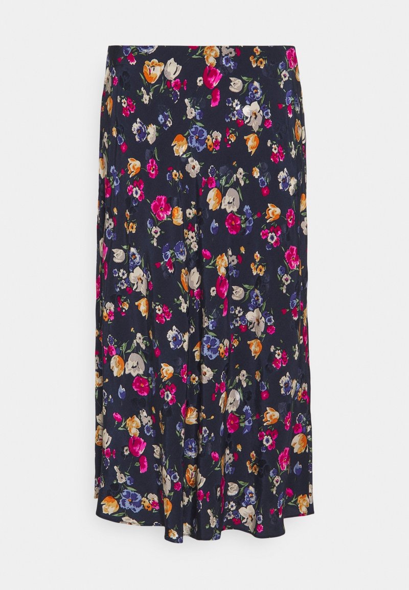 Floraler Midirock aus leichtem Stoff. Marineblauer Hintergrund mit bunten Blumen in Pink, Gelb und Blau. Ausgestellter Saum.