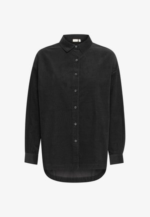 Chemise en velours côtelé noire avec un devant boutonné, un col, des manches longues et un ourlet arrondi. Caractérisée par un tissu texturé et des boutons assortis.