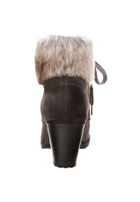 Graue Wildleder-Ankleboots mit einem Kunstfellbund und einem schwarzen gestapelten Absatz. Mit Rückenschnürung und strukturiertem Gummisohle.