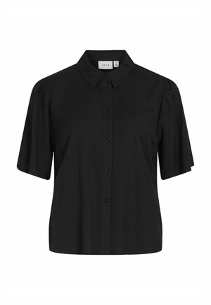 Blouse noire à manches courtes avec un col, des boutons à l'avant et des épaules légèrement bouffantes, fabriquée dans un tissu doux et texturé.