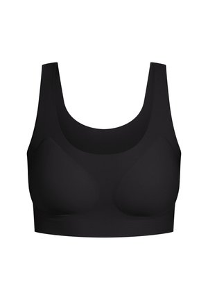 Zwarte sportbeha met een naadloos ontwerp, brede banden en een gladde textuur. Heeft gevoerde cups voor vorm en ondersteuning. Geen zichtbare hardware.