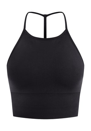 Schwarzer Sport-BH mit tailliertem Design. Merkmale einen hohen Halsausschnitt, dünne Träger und einen gerippten Unterband für zus�ätzliche Unterstützung. Glatte Textur.