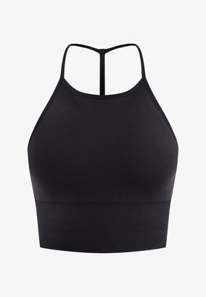 Schwarzer Sport-BH mit tailliertem Design. Merkmale einen hohen Halsausschnitt, dünne Träger und einen gerippten Unterband für zusätzliche Unterstützung. Glatte Textur.