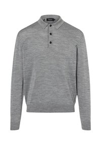 Grauer Langarm-Polo-Pullover aus weichem Strickmaterial. Verfügt über einen Kragen, eine dreiknöpfige Knopfleiste sowie gerippte Bündchen und Saum.