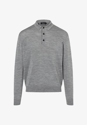 Szary długi rękaw polo sweter z miękkiej dzianiny. Posiada kołnierzyk, listwę z trzema guzikami oraz ściągacze przy mankietach i u dołu.