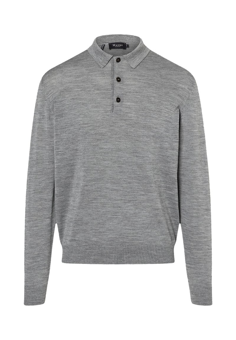 Grauer Langarm-Polo-Pullover aus weichem Strickmaterial. Verfügt über einen Kragen, eine dreiknöpfige Knopfleiste sowie gerippte Bündchen und Saum.