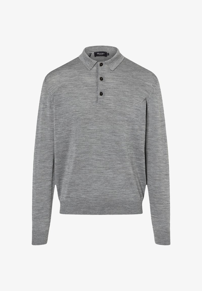 Grauer Langarm-Polo-Pullover aus weichem Strickmaterial. Verfügt über einen Kragen, eine dreiknöpfige Knopfleiste sowie gerippte Bündchen und Saum.