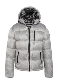 Lys grå, foret vinterjakke med hætte, sorte lynlåse på fronten og lommer samt en sort inderside, der er synlig indeni hætten.