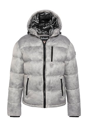 Lys grå, foret vinterjakke med hætte, sorte lynlåse på fronten og lommer samt en sort inderside, der er synlig indeni hætten.