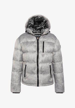 Doudoune d'hiver légère grise avec capuche, fermetures éclair noires sur le devant et les poches, et doublure intérieure noire visible à l'intérieur de la capuche.