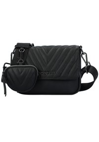 Borsa a tracolla nera con trapuntatura a zigzag, finitura in pelle liscia, pochette piccola staccabile, tracolla regolabile e dettagli in hardware argentato.