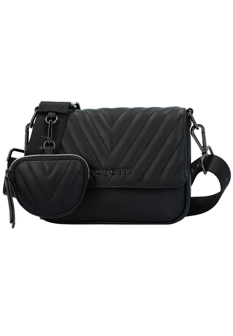 Borsa a tracolla nera con trapuntatura a zigzag, finitura in pelle liscia, pochette piccola staccabile, tracolla regolabile e dettagli in hardware argentato.