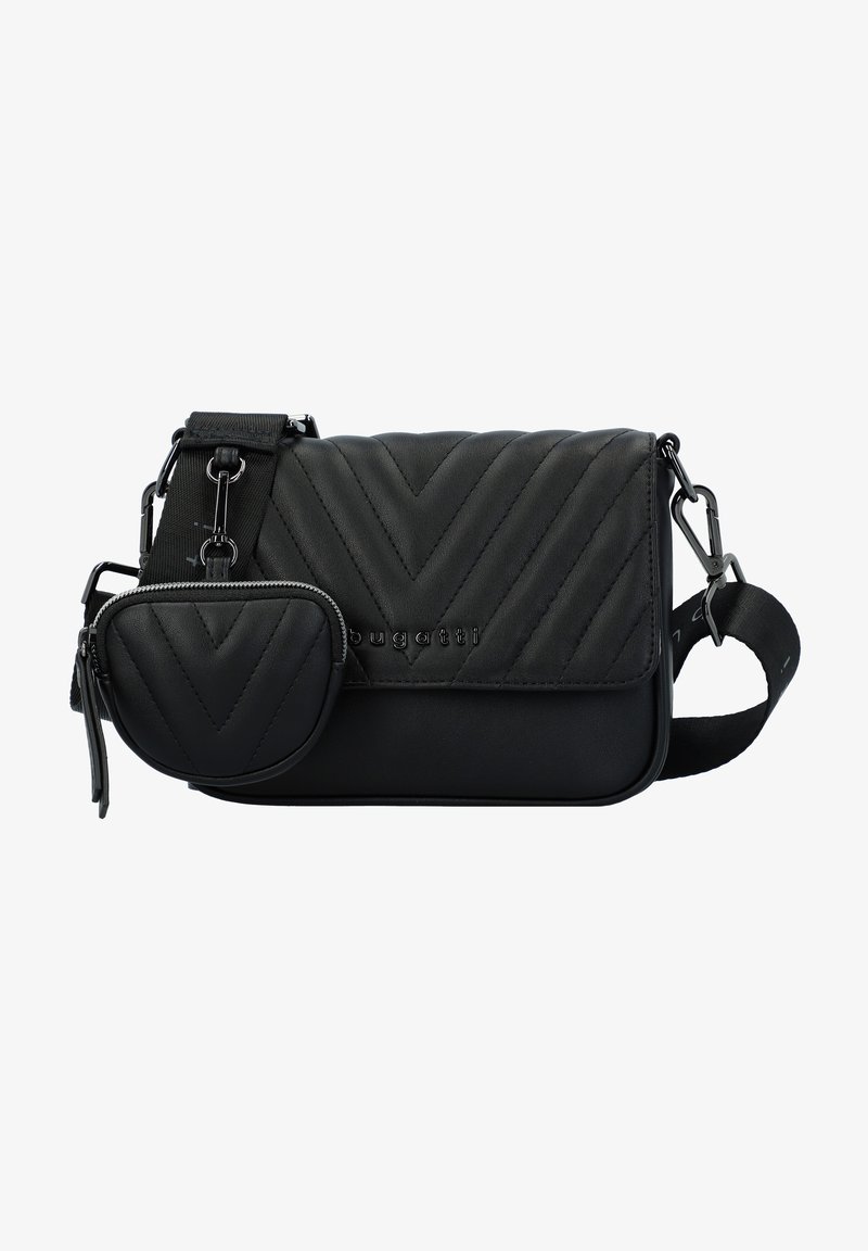 Borsa a tracolla nera con trapuntatura a zigzag, finitura in pelle liscia, pochette piccola staccabile, tracolla regolabile e dettagli in hardware argentato.
