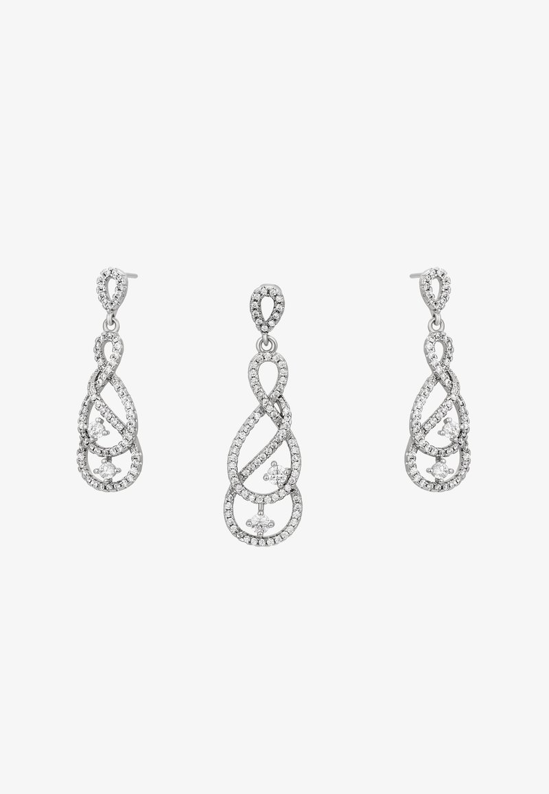 Kolm hõbedast tilga kõrvaehteid, millel on omavahel põimunud silmud, kaunistatud väikeste teemantidega ja kahe suurema teemanti aktsendiga igas.