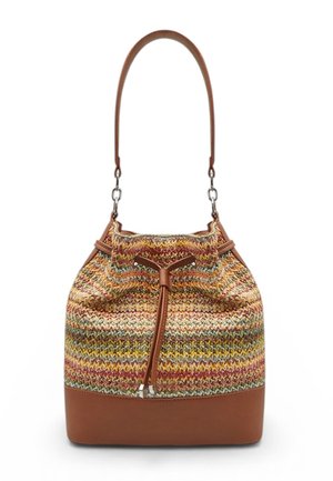 Borsa a secchiello multicolore in maglia con base in pelle marrone, chiusura con coulisse e tracolla singola con fibbie in metallo.