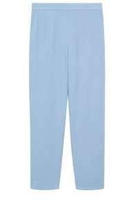 Pantalons bleu clair à jambes droites en tissu lisse avec une taille plate et des poches latérales, présentant des détails de couture minimaux.