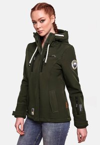 Green insulated jacket with a hood, contrasting white drawstrings, zippered pockets, mountain logo, and a patch on the sleeve.