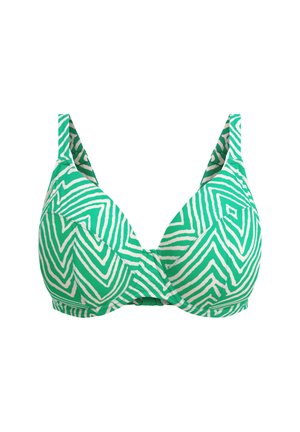 Green and white zigzag patterned bra with a plunging neckline, wide shoulder straps, and underwire support. Fabric appears smooth and stretchy.