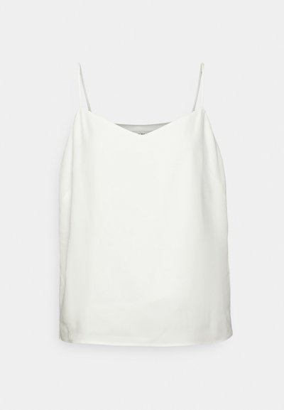 Witte mouwloze top met een V-hals, soepele textuur en een losse fit. Kenmerkend zijn de dunne bandjes en het minimalistische ontwerp zonder patronen.