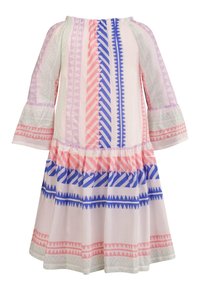 Vestido colorido con mangas acampanadas, que presenta una mezcla de patrones en rosa, azul y colores pastel. Fabricado con tela ligera y diseño de capas.