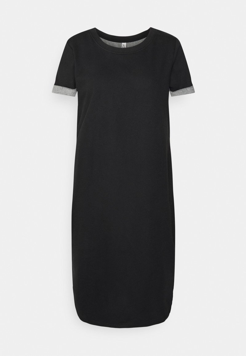 Sort t-shirt-kjole med korte ærmer. Har kontrasterende grå manchetter. Blødt bomuldsmateriale, rund halsudskæring og løs pasform.