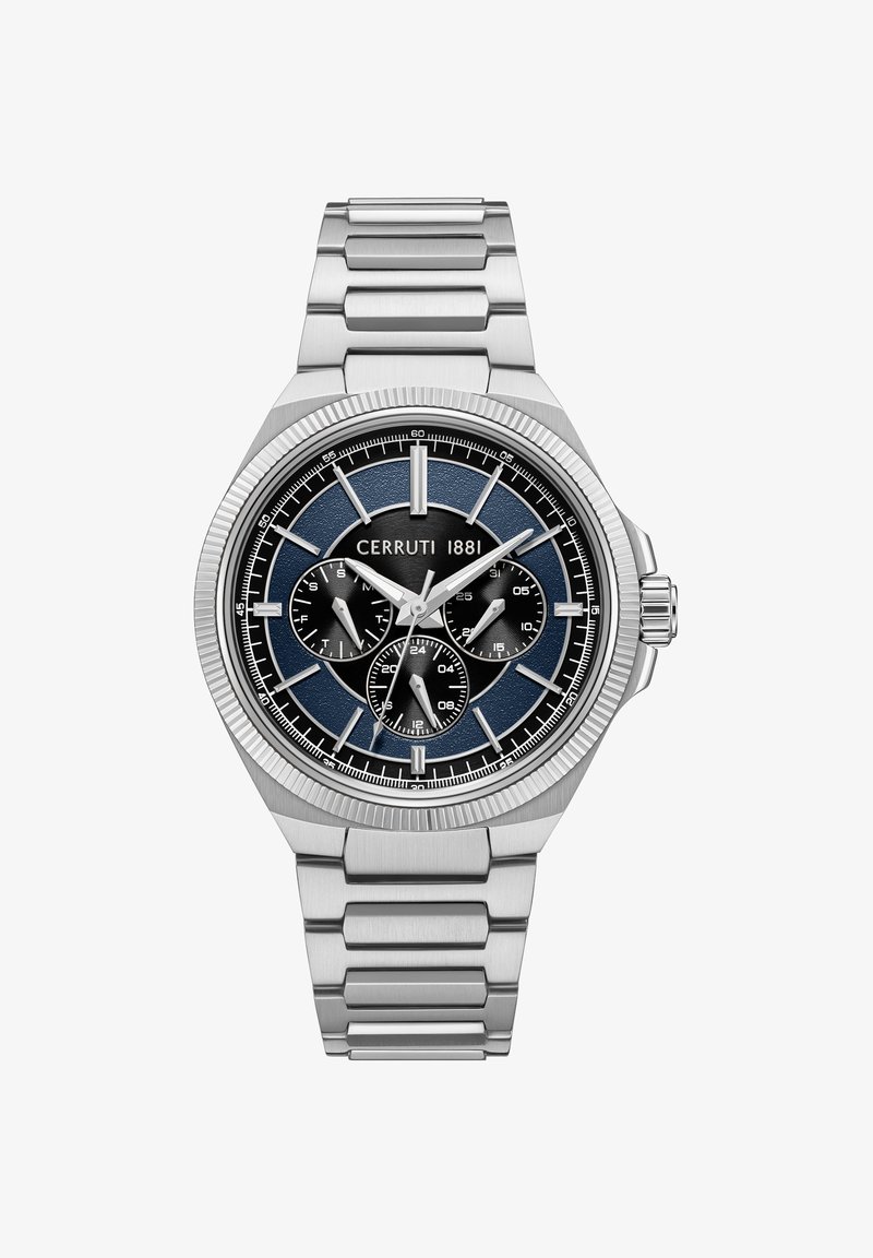 Reloj de acero inoxidable plateado con una esfera redonda texturizada en azul y negro, que cuenta con tres subesferas y una pulsera de eslabones pulidos.