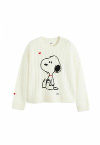 Weißer Strickpullover mit Kabelmuster, der ein gesticktes Snoopy-Design mit roten Herzakzenten an den Ärmeln zeigt. Sanfter Stoff und lockere Passform.