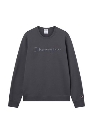 Grauer Sweatshirt aus einem Baumwollmischgewebe mit rundem Halsausschnitt. Mit dem „Champion“-Logo in geschwungener Stickerei auf der Vorderseite.