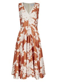 Ärmelloses V-Ausschnitt-Kleid in Terrakotta mit weißem Blumendruck; taillierte Oberteil und voller Rock; glattes Material, knielanges Design.