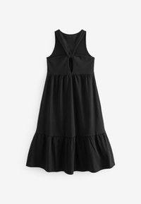 Robe midi noire sans manches avec jupe froncée, découpe en forme de goutte d'eau et détail dos nageur torsadé.