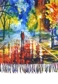 Sciarpa colorata con un design di paesaggio cittadino, pavimento bagnato, figure astratte in tonalità di arancione e blu, e bordi frangiati.