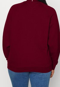 Bordeauxrode pullover met een afgeronde zoom, zachte textuur en raglanmouwen. Heeft een gestreepte accenten bij de halslijn.