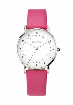 Round silver watch with white face, black markers, thin hands, and bright pink leather strap.