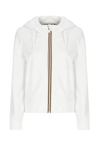 Hoodie zippé blanc avec une fermeture éclair doublée en jaune, noir et blanc. Présente une capuche avec cordon de serrage et un tissu doux.