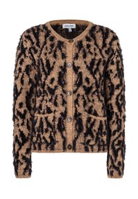 Flauschige beige Strickjacke mit schwarzem Tierdruck, runder Ausschnitt, Fronttaschen und Knopfverschluss mit fünf Knöpfen. Strukturierter Stoff mit losen Fäden.