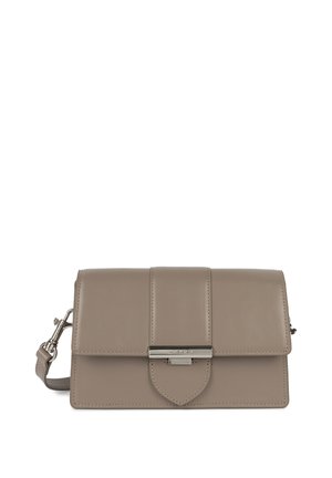 Beige leather handbag with a structured design, fold-over flap, metallic clasp, and a detachable shoulder strap. Features subtle stitching accents.
