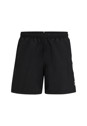Zwarte zwemshorts van lichte stof, met een elastische tailleband en zijzakken. Opvallend ontwerp met subtiele witte merkdetails.