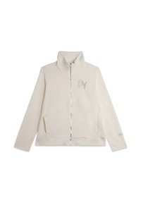 Giacca in pile con zip di colore avorio e colletto alto. Presenta un logo in strass sul lato sinistro e cuciture decorative sulle maniche.