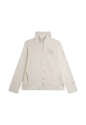 Giacca in pile con zip di colore avorio e colletto alto. Presenta un logo in strass sul lato sinistro e cuciture decorative sulle maniche.